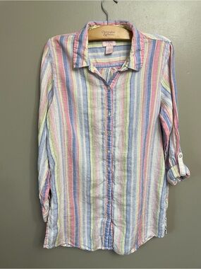 St Tropez West 100% Linen Stripe Button Down Top Large 80s Beach Vacation Indie